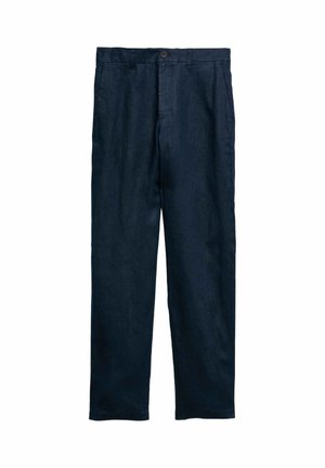 Dunkel marineblaue, gerade geschnittene Hose mit Knopf- und Reißverschluss, Seitentaschen und Gürtelschlaufen.