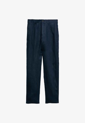 Pantalon bleu marine foncé à jambes droites avec fermeture par bouton et fermeture éclair, poches latérales et passants pour ceinture.