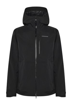 Svart vattentålig jacka med huva, dragkedja och bröstficka. Slät tyg med matt finish och justerbara ärmslut.