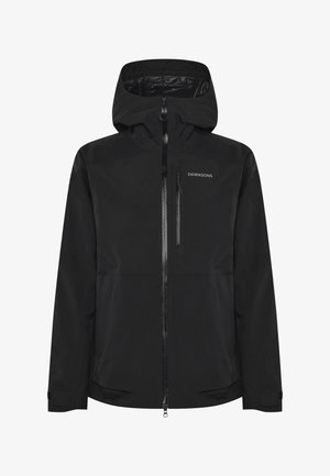Svart vattentålig jacka med huva, dragkedja och bröstficka. Slät tyg med matt finish och justerbara ärmslut.