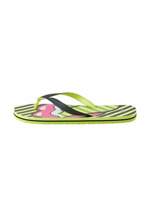 Flip-Flop-Sandale mit grün-schwarz gestreifter Sohle, pink-weißer Mundgrafik und schwarz-gelben Riemen.