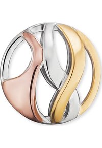 Verschlungener Ring aus Roségold, Gelbgold und Silber. Geschwungene Formen schaffen ein dynamisches Design mit hochglanzpolierter Oberfläche und glatter Textur.