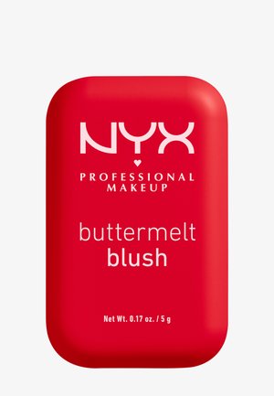 Kompakter roter rechteckiger Behälter mit der Aufschrift NYX Professional Makeup buttermelt blush, Nettogewicht 0,17 oz / 5 g.