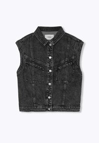 Gilet sans manches en denim noir avec col, boutons-pression sur le devant et deux poches poitrine avec coutures visibles.