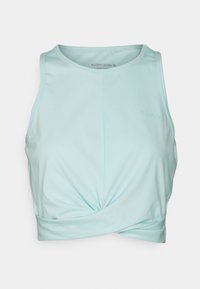 Light blue sports crop top made of stretchy fabric. Features a round neckline and knotted front design. Subtle logo detail on the side.