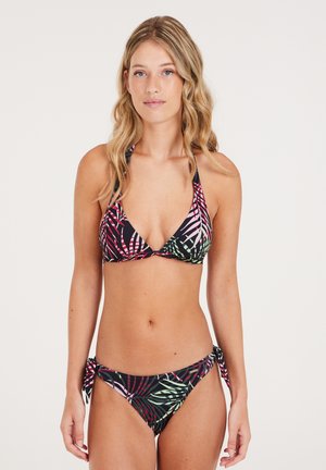 Zwart bikini-set met een driehoekig topje en zijknoop-broekjes, versierd met een kleurrijk palmblaadjespatroon in roze en groene tinten.