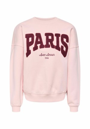 Sweat-shirt rose clair avec grand texte bordeaux "PARIS", script plus petit "Avec Amour" et "1986" imprimés à l'avant, manches longues, poignets côtelés.