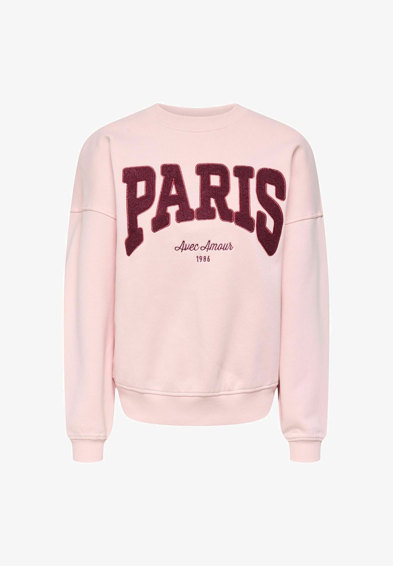 Sweat-shirt rose clair avec grand texte bordeaux "PARIS", script plus petit "Avec Amour" et "1986" imprimés à l'avant, manches longues, poignets côtelés.