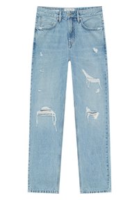 Jeans in denim azzurro chiaro con vita alta, gamba dritta, cinque tasche, chiusura con bottoni e multiple strappi consumati sulle cosce anteriori e sulle ginocchia.