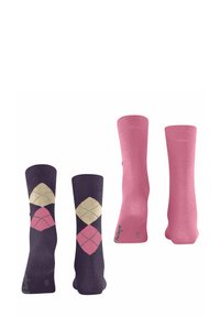 Due coppie di calzini: una con un design a motivi in viola scuro e rosa con beige chiaro, e l'altra coppia in rosa uniforme.