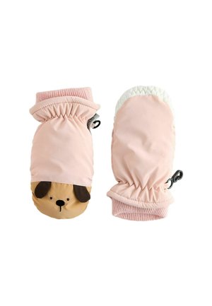 Pink mittens with a beige dog face design, brown ear accents, elastic cuffs, and a textured white lining. Waterproof outer material.