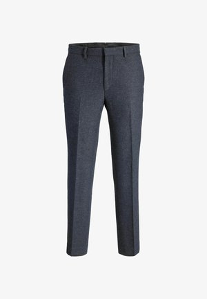 Granatowe spodnie z mieszanki wełny, z teksturowanym wzorem, dopasowanym krojem, gładkim przodem i szlufkami na pasek. Prosty, prosty krój nogawki.