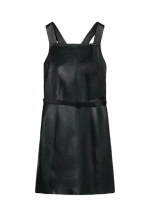 Černé kožené šaty se širokými ramínky, přiléhavým korzetem, rozšířeným lemem a sladěným páskem v pase. Hladká textura a minimalistický design.