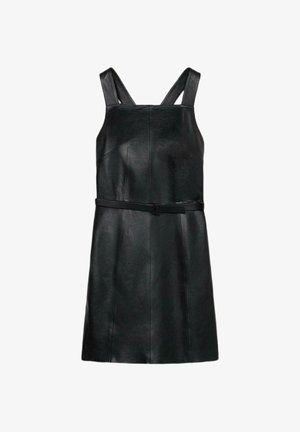 Schwarzes Lederkleid mit breiten Trägern, einem taillierten Oberteil, ausgestelltem Saum und einem passenden Gürtel in der Taille. Glatte Textur und minimalistisches Design.