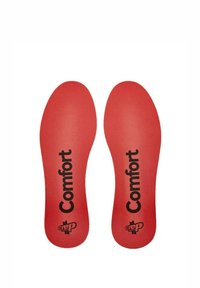 Semelles rouges au toucher lisse, arborant le mot "Confort" en noir. Conçues pour s'adapter à différentes tailles de chaussures pour un amorti supplémentaire.