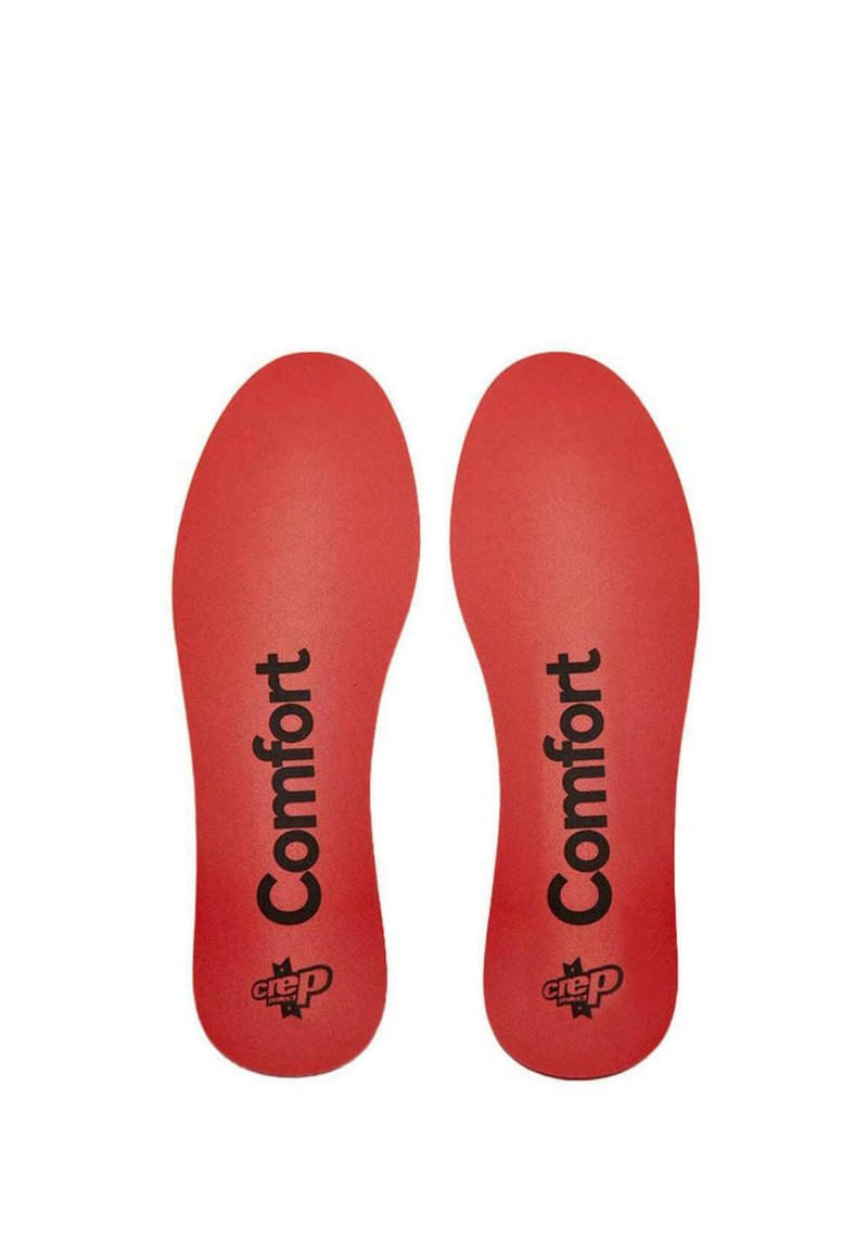 Semelles rouges au toucher lisse, arborant le mot "Confort" en noir. Conçues pour s'adapter à différentes tailles de chaussures pour un amorti supplémentaire.