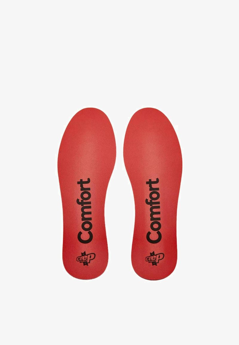 Rode inlegzolen met een soepele textuur, voorzien van het woord "Comfort" in het zwart. Ontworpen om in diverse schoenmaten te passen voor extra demping.