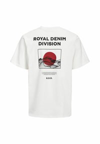 White cotton t-shirt featuring a bold red circle and wave line design on the back, with "ROYAL DENIM DIVISION" text above it.