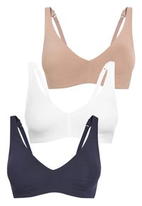 Drei Bralettes in Beige, Weiß und Marineblau. Hergestellt aus weichem, dehnbarem Stoff mit verstellbaren Trägern und einem V-Ausschnitt-Design.