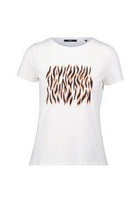 T-shirt blanc à manches courtes avec un motif de rayures de tigre en orange et noir. Matière en coton doux, col rond.
