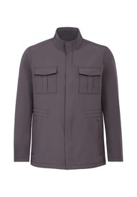 Gray jacket with a high collar, twin chest pockets, and side pockets. Features horizontal seam accents and a smooth, textured finish.
