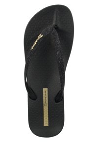 Schwarze Flip-Flops mit glitzernden Riemen, strukturiertem Fußbett und Gummisohle. Mit goldfarbenem Logo auf einem rechteckigen Einsatz über dem Fußbett.