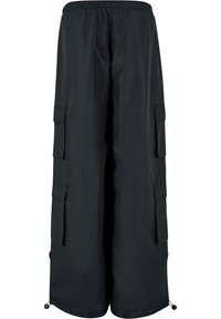 Pantalon cargo noir à jambes larges avec taille élastique, multiples poches à rabat sur les côtés et cordons réglables à l'ourlet.