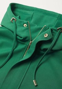 Groene rits hoodie met een gestructureerde stof, featuring metalen hardware, trekkoorden en een hoge kraag. Gouden rits en accenten zichtbaar.