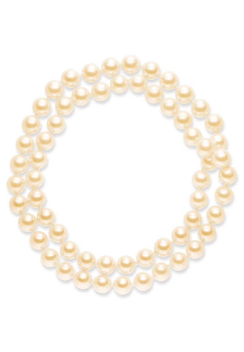 Pulsera de perlas con múltiples filas de perlas redondas, brillantes y de color blanco cremoso, de textura suave, distribuidas de manera uniforme en un diseño flexible.