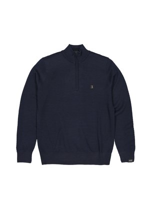 Marineblauwe gebreide pullover met een halflange ritskraag, een getextureerd patroon, ribbelmanchetten en -zoom, en een kleine logopatch op de borst.
