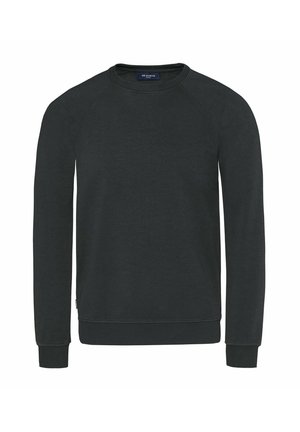 Dunkelgrauer Baumwollpullover mit Rundhalsausschnitt, langen Raglanärmeln, gerippten Bündchen und Saum. Minimalistisches Design ohne sichtbare Muster oder Akzente.