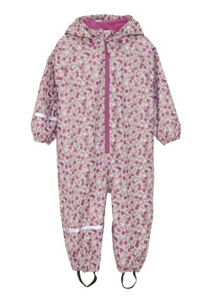 Rosa Muster-Regenanzug mit floralem Design, elastischen Bündchen, einem Reißverschluss vorne und reflektierenden Akzenten. Inklusive Kapuze und Fußriemen.