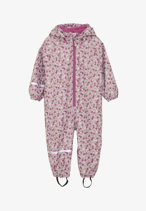Combinaison de pluie rose à motif floral, avec des poignets élastiques, une fermeture éclair à l'avant et des accents réfléchissants. Comprend une capuche et des sangles pour les pieds.