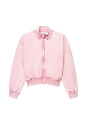 Felpa corta rosa con zip, polsini e collo a coste, con dettagli sfumati sottili lungo le cuciture.