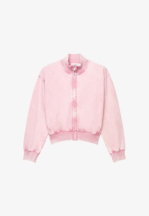 Sweat-shirt court rose à fermeture éclair, avec poignets et col côtelés, présentant un léger effet délavé le long des coutures.