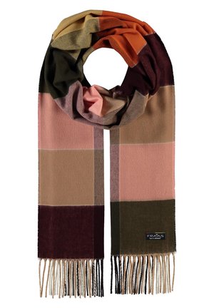 Uldhalstørklæde med stort ternet mønster i nuancer af pink, beige, brun og grøn, med frynser i enderne og et lille mærke.