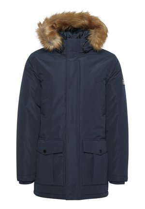 Jūros laivyno parka striukė su dirbtinio kailio kapišonu, užtrauktuko uždarymu, dviem priekinėmis kišenėmis su sklende, guma apykaklėse ir logotipu ant rankovės.