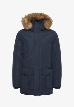 Mornarska parka jakna s kapuco iz umetnega krzna, zadrgo, dvema sprednjima žepoma s poklopcem, ribastimi manšetami in logotipom na rokavu.