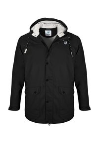 Black waterproof jacket featuring a hood, front zip and snap closure, two front pockets, and a soft inner lining. Logo near the collar.