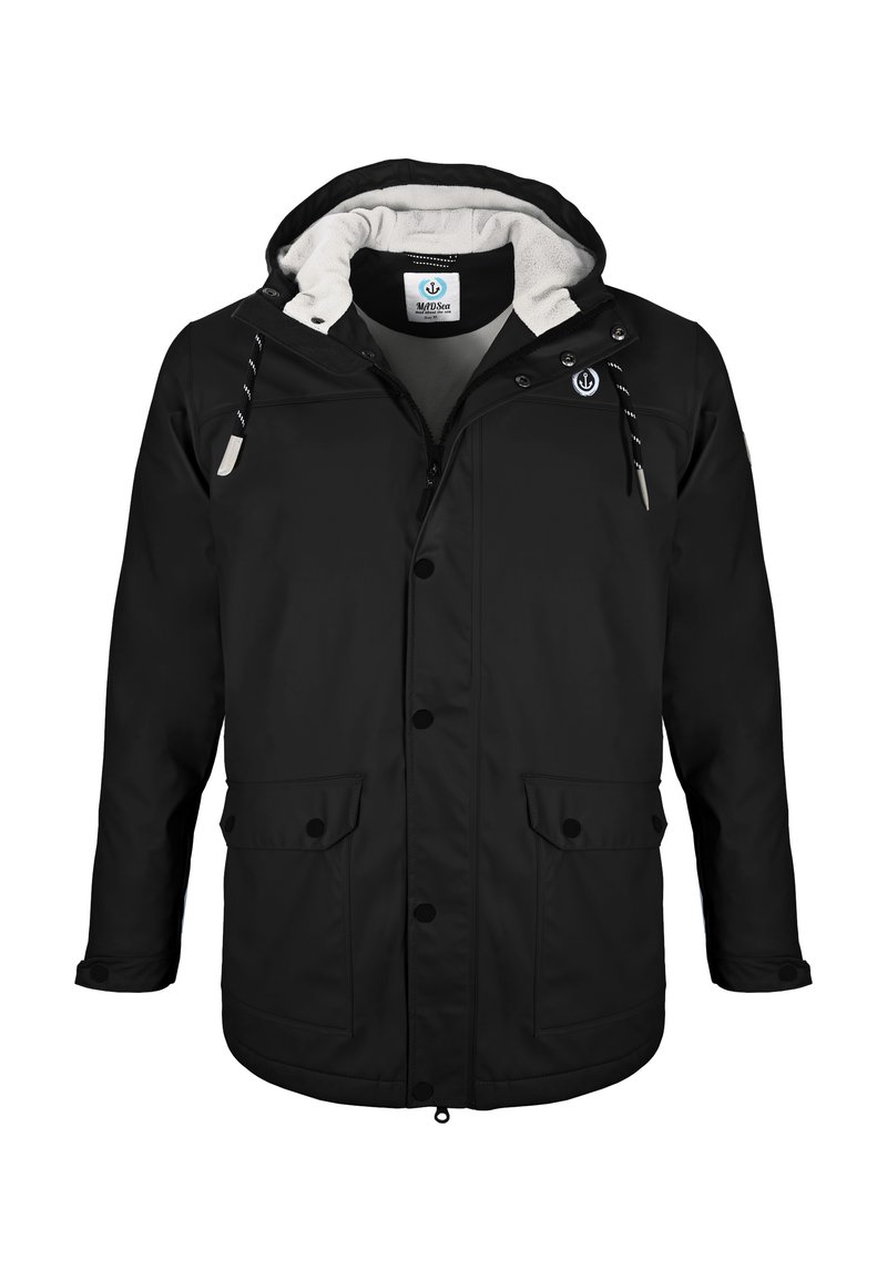 Black waterproof jacket featuring a hood, front zip and snap closure, two front pockets, and a soft inner lining. Logo near the collar.