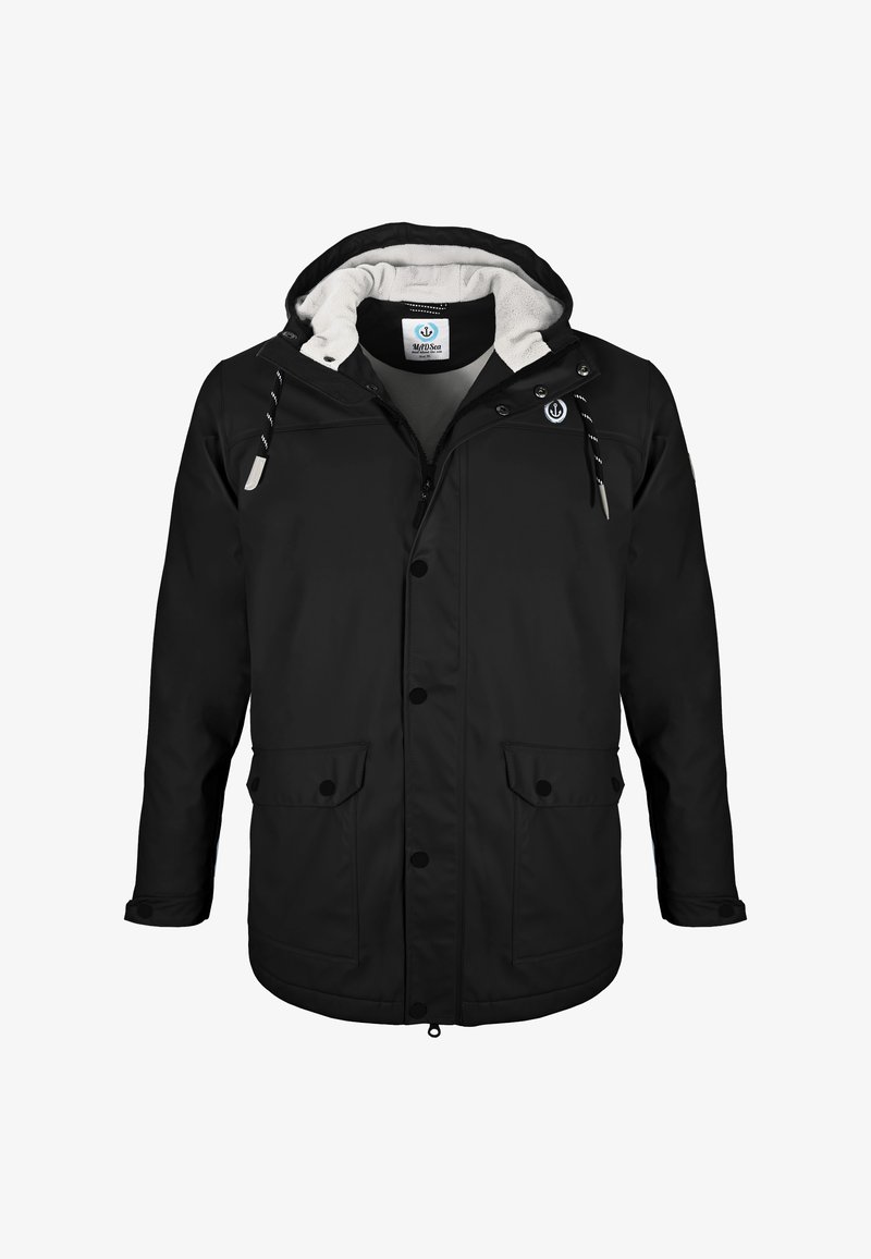 Black waterproof jacket featuring a hood, front zip and snap closure, two front pockets, and a soft inner lining. Logo near the collar.