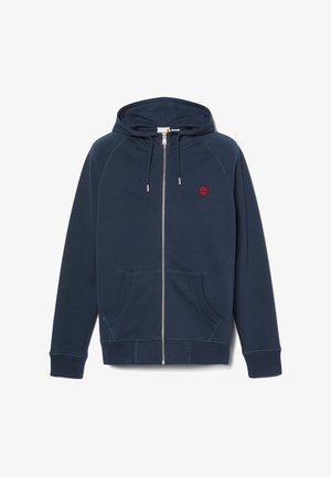 Dunkelblaue Zip-up Kapuzenjacke mit Fronttaschen, Kordelzugkapuze und kleinem roten Baumlogo auf der linken Brust.