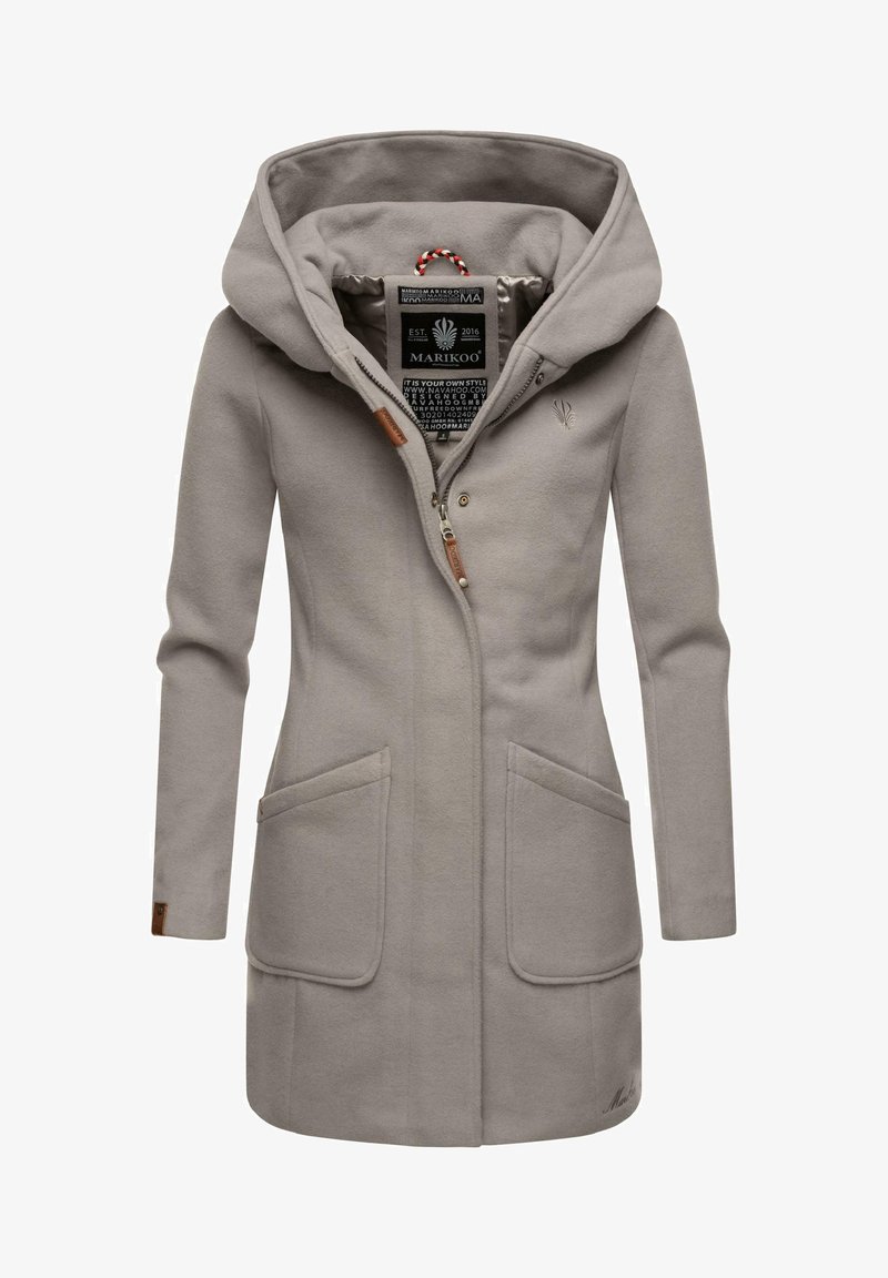 Light gray coat with a hood, made of soft fabric. Features a zip closure, two front pockets, and brown leather accents.