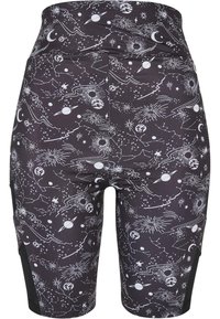 Zwarte shorts met een kosmisch patroon in het wit, met sterren, planeten en hemelontwerpen. Elastische tailleband en aansluitend ontwerp.