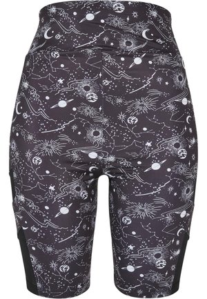 Black shorts featuring a cosmic pattern in white, depicting stars, planets, and celestial designs. Elastic waistband and fitted design.
