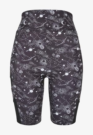 Black shorts featuring a cosmic pattern in white, depicting stars, planets, and celestial designs. Elastic waistband and fitted design.