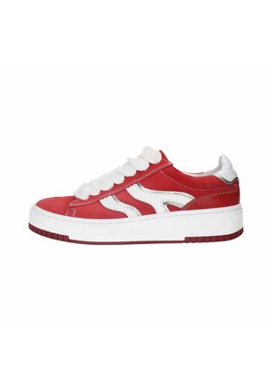 Red suede sneaker with white accents and laces, featuring a thick white sole and subtle perforations on the side design.