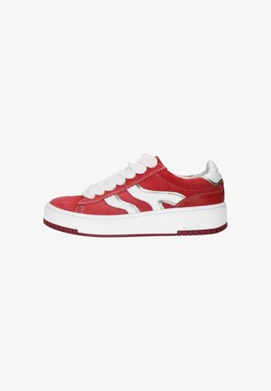 Red suede sneaker with white accents and laces, featuring a thick white sole and subtle perforations on the side design.