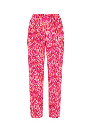 Rozā drukātās bikses ar ziedu rakstu, kas ietver rozā, apelsīnu un baltas krāsas, ar elastīgu jostu un brīvu piegriezumu.