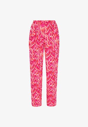 Rozā drukātās bikses ar ziedu rakstu, kas ietver rozā, apelsīnu un baltas krāsas, ar elastīgu jostu un brīvu piegriezumu.
